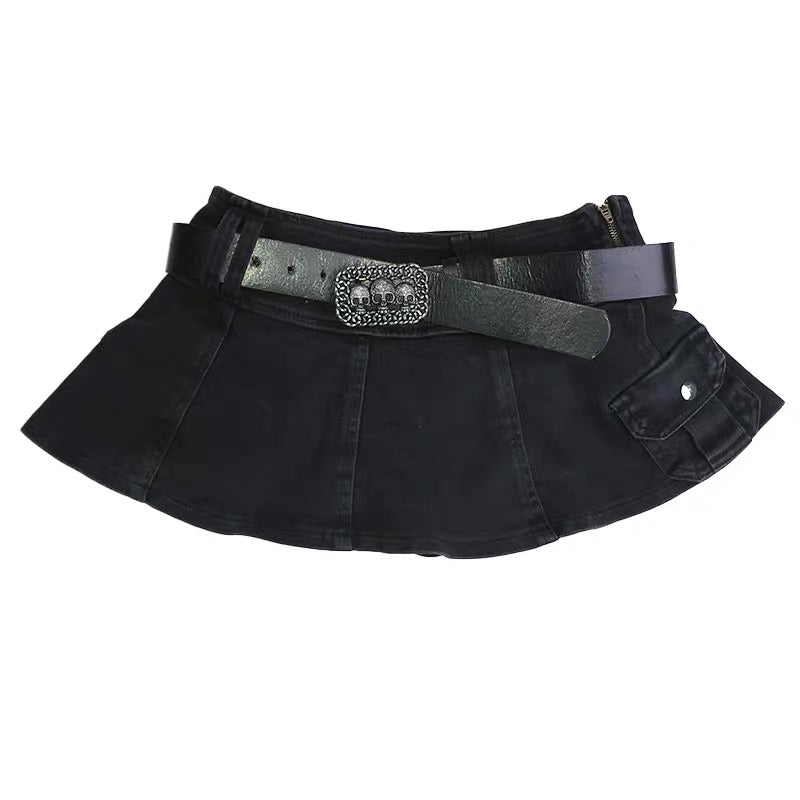 Harajuku Y2k Denim Skirt Women Dark Gothic Streetwear Mini Skirt with Skull Belt Mall Goth Punk Grunge Sexy Emo Clubwear voguable
