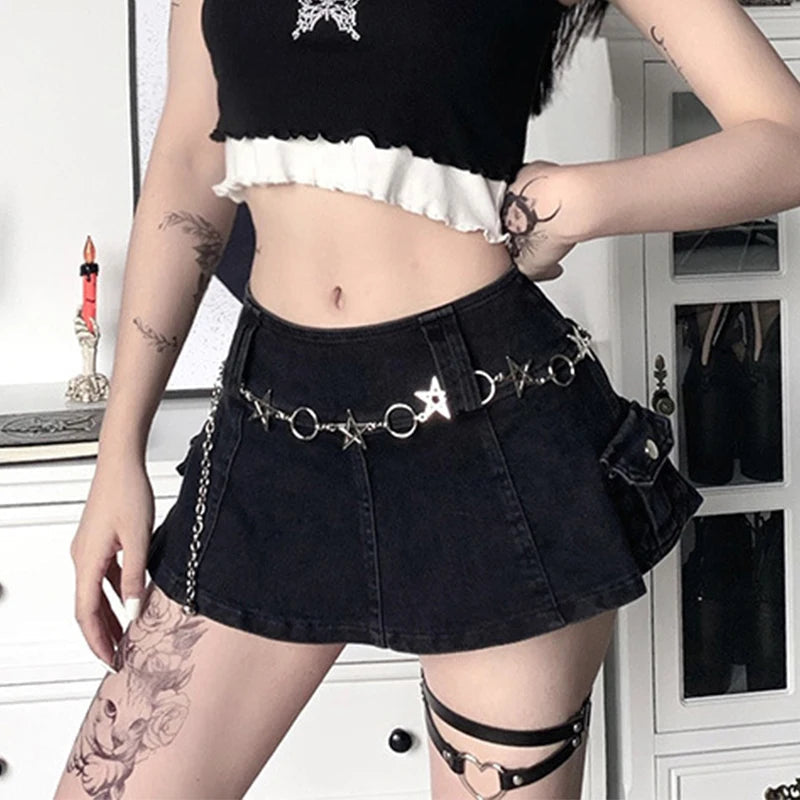 Harajuku Y2k Denim Skirt Women Dark Gothic Streetwear Mini Skirt with Skull Belt Mall Goth Punk Grunge Sexy Emo Clubwear voguable
