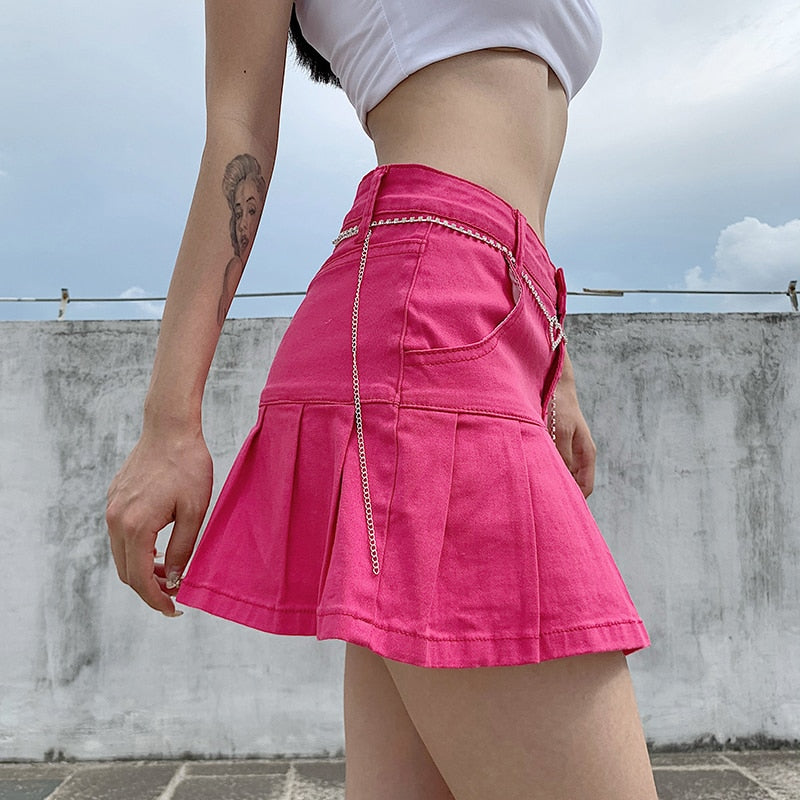 y2k Pink Denim Pleated Skirts Mini Solid Casual Woman Fashion Korean Style High Waist Skirt with Lined Hot Club Party Girls 2020 voguable