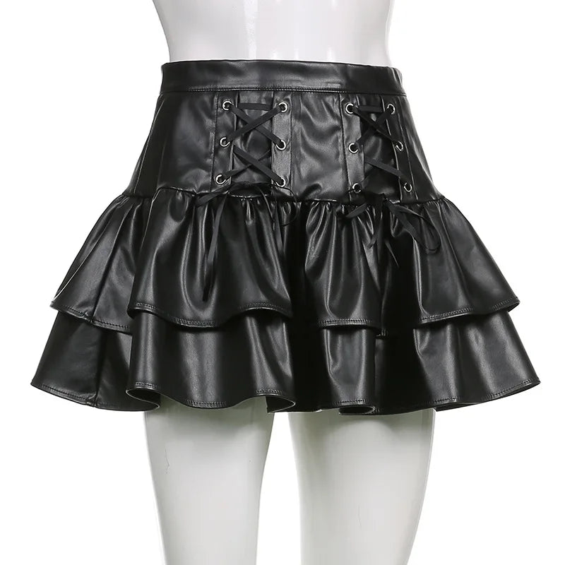 Mall Goth Punk PU Skirt Women Dark Gothic Vintage Bandage High Waist Lolita Skirt Harajuku Streetwear Emo Alt Clubwear voguable