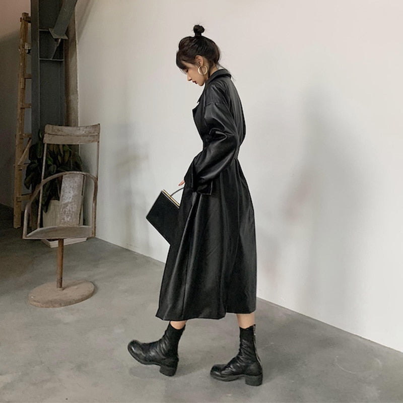 Long oversized leather trench coat for women long sleeve lapel loose fit Fall Stylish black women clothing streetwear voguable