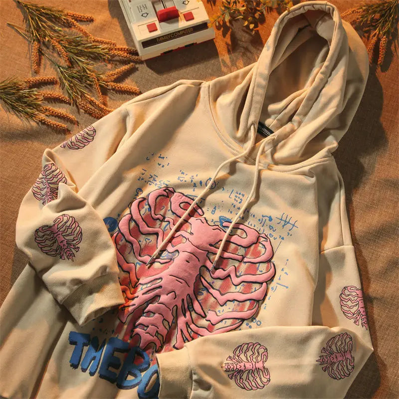Spring Streetwear Khaki Y2K Tops Skull print Grunge Gothi Oversized Hoodie Streetwear Womens hip-hop Kawaii Female Sweatshirts