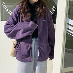 Hoodies Women Zip-up Turn-down Collar Printed Pocket Long Sleeve Korean Style New Trendy Casual BF Ulzzang Harajuku Womens Daily voguable