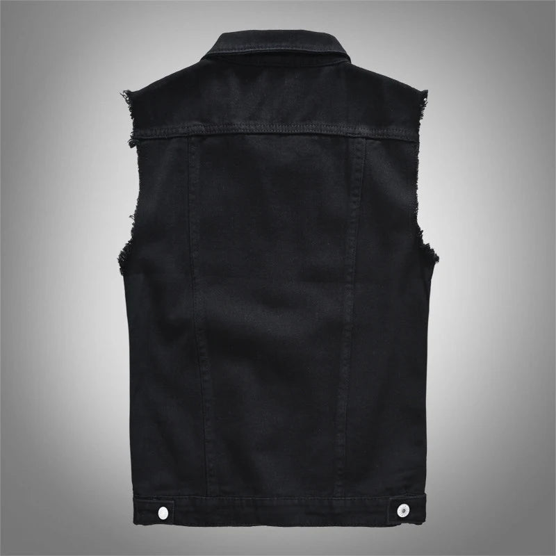 Voguable  Men's Black Jean Vest Slim Fringe Denim Waistcoat Sleeveless Tank Top voguable