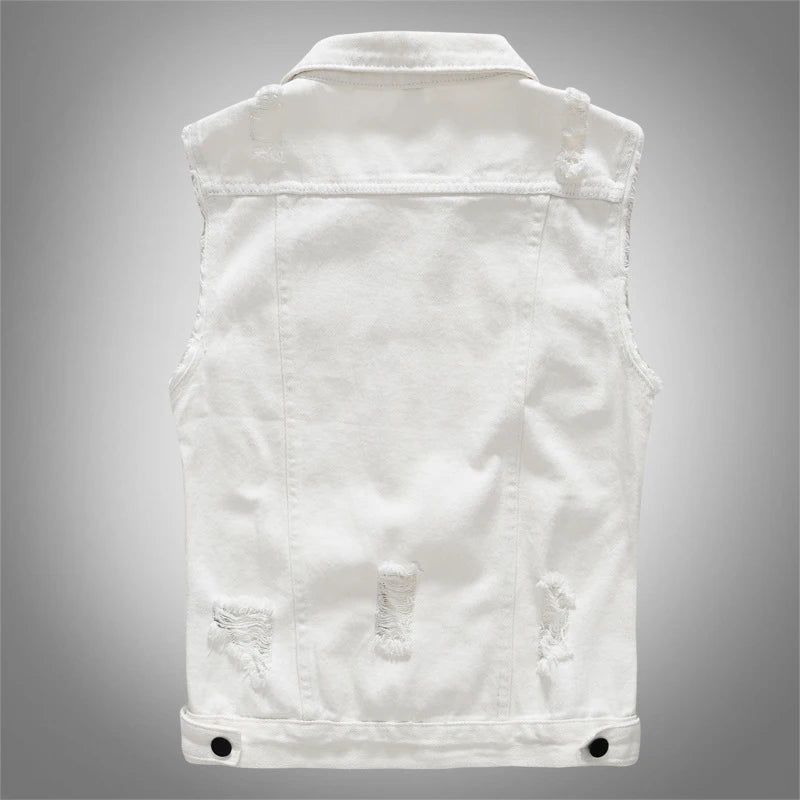 Voguable  Men's slim fit white denim vest Black buttons holes ripped jean waistcoat Tank top voguable