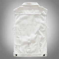 Voguable  Men's slim fit white denim vest Black buttons holes ripped jean waistcoat Tank top voguable