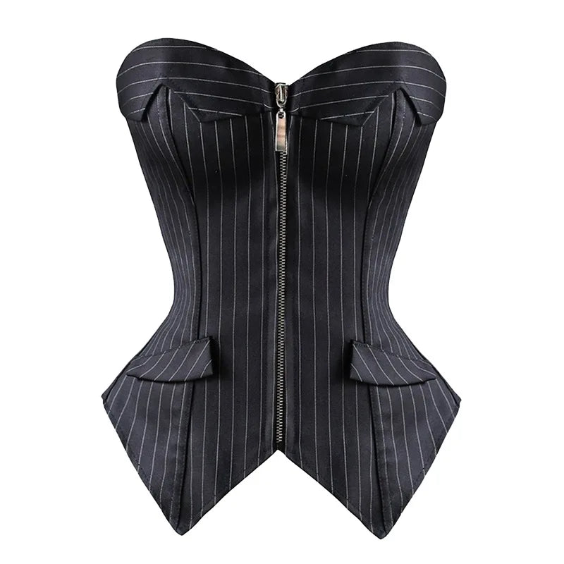 Sexy Black Striped Overbust Corset Office Lady Corselet Sexy Women Zip Corset Bustier Strapless Tops Costume Fashion voguable