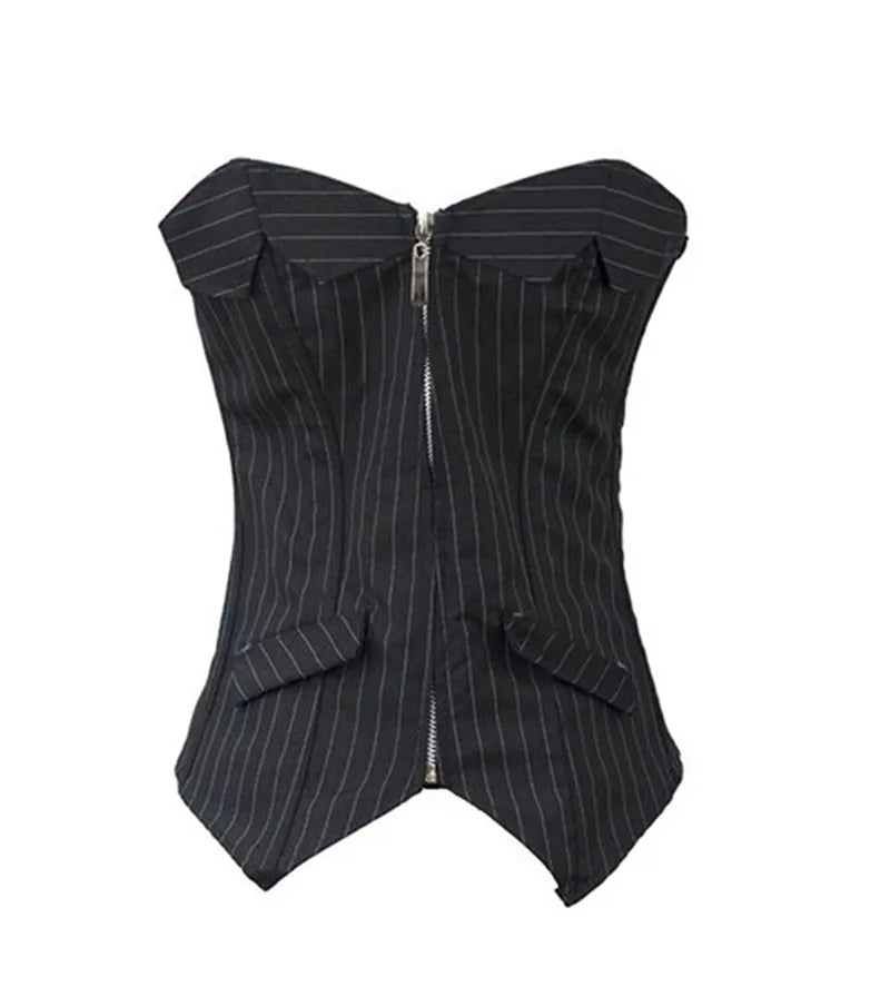 Sexy Black Striped Overbust Corset Office Lady Corselet Sexy Women Zip Corset Bustier Strapless Tops Costume Fashion voguable