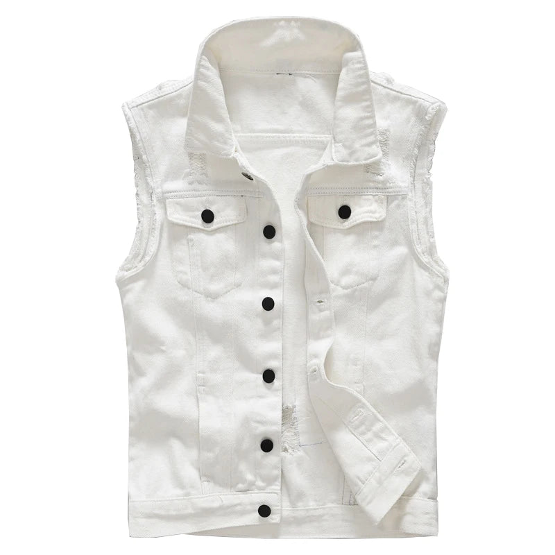 Voguable  Men's slim fit white denim vest Black buttons holes ripped jean waistcoat Tank top voguable
