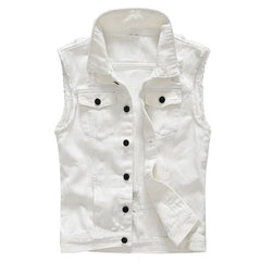 Voguable  Men's slim fit white denim vest Black buttons holes ripped jean waistcoat Tank top voguable