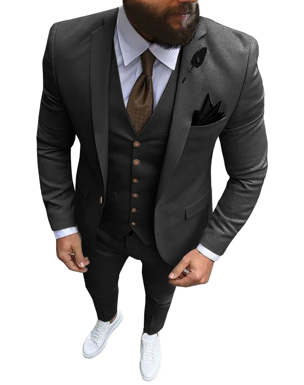 Voguable Men Suits 3 Pieces Slim Fit Casual Business Champagne Lapel Khaki Formal Tuxedos for Wedding Groomsmen (Blazer+Pants+Vest) voguable