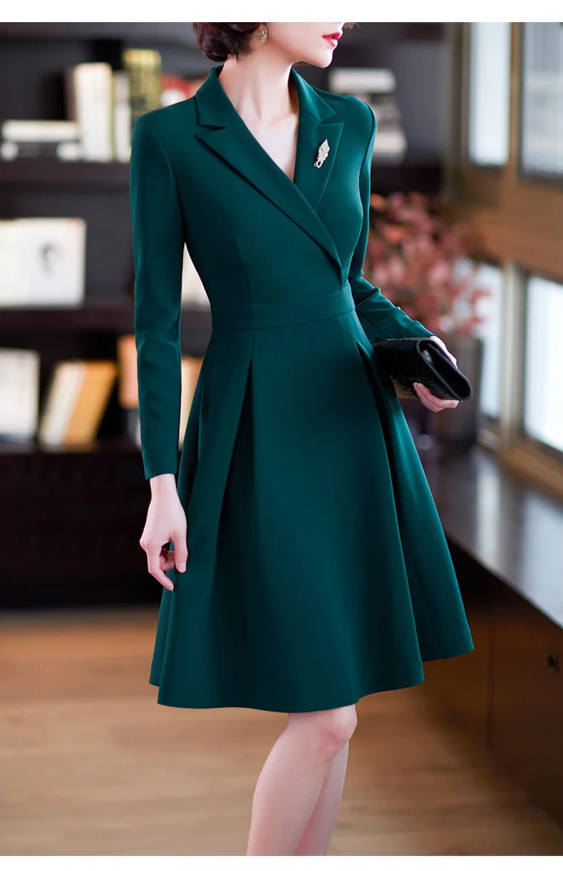 Spring Autumn Women Elegant Blazer Dress Long Sleeve V Neck Slim A Line Midi Dresses Office Ladies Work Formal Clothes Oversized voguable