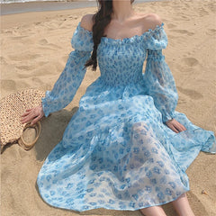 Voguable Design Floral Dress Women Summer Puffer Sleeve Beach One Piece Dress Korean Elegant Vintage Dress Female Chic Square Collar voguable