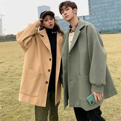 Lovers Mid-Length Woolen Coat Men's Autumn Winter Thickened Big Fleece Windbreaker Korean Trend British Solid Simple Streetwear