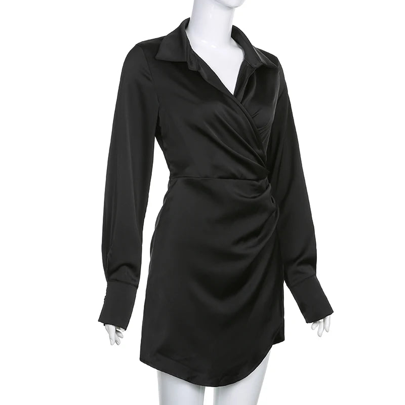 Office Ladies Shirt Dress Elegant Fashion Sexy Slim Deep V-Neck Turn-Down Collar Long Sleeve Mini Dresses For Women voguable