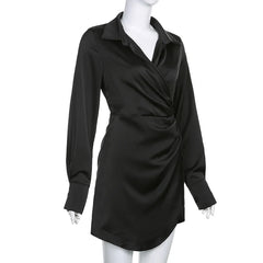 Office Ladies Shirt Dress Elegant Fashion Sexy Slim Deep V-Neck Turn-Down Collar Long Sleeve Mini Dresses For Women voguable