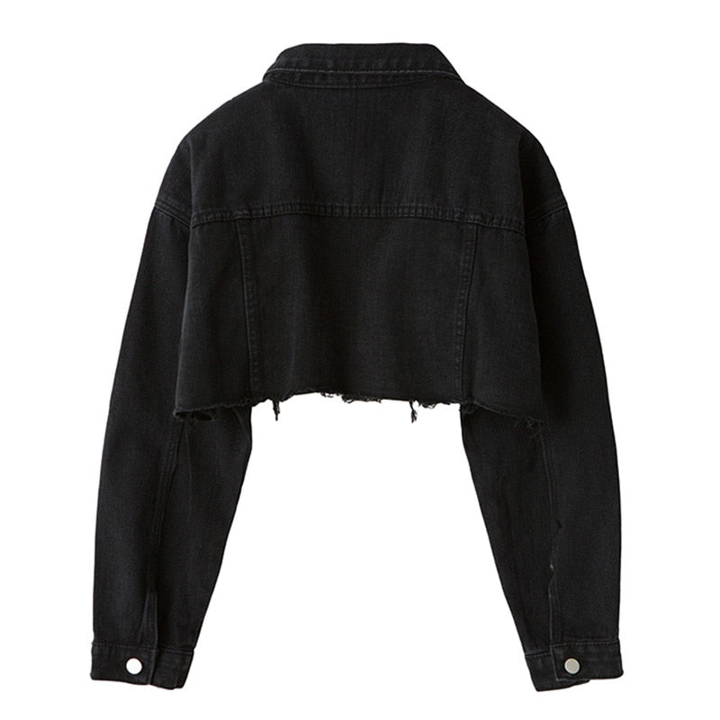 Autumn Women Denim Jacket Fashion Streetwear Casual Loose Outwear Black Short Ripped Jeans Jacket Coat Cotton voguable