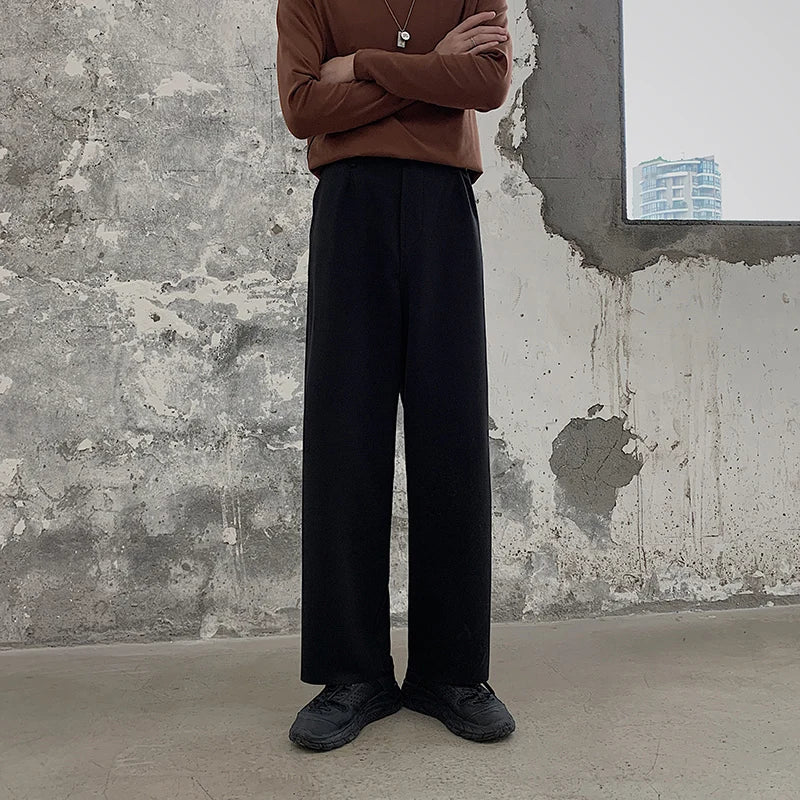 Winter Thick Woolen Pants Men's Warm Fashion Black Brown Casual Pants Men Korean Loose Straight-leg Pants Mens Trousers S-2XL voguable
