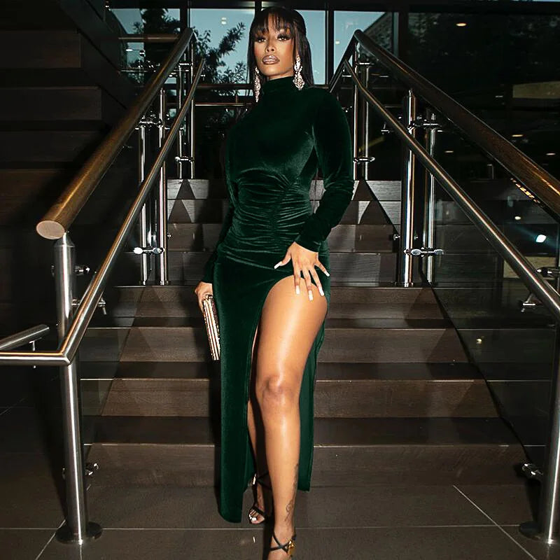 Autumn Winter Women Solid Velvet Long Sleeve Ruched Midi Dress Side Slit Bodycon Sexy Streetwear Party Elegant Club voguable