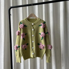 Woman Sweater 2021 Autumn and Winter New Retro Knit Sweater Female Rose Flower Embroidery Contrast Loose Sweater Coat Cardigan voguable