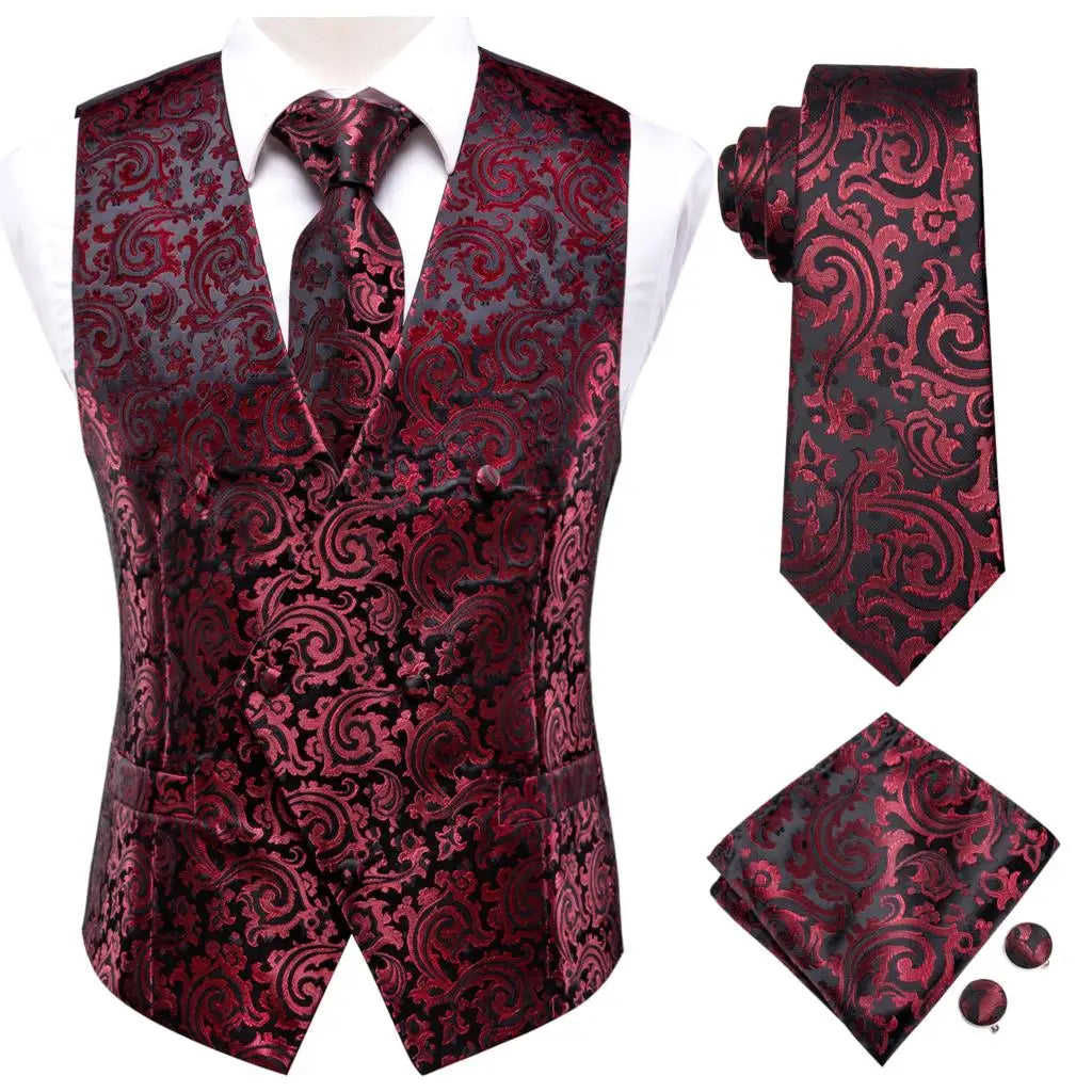 Hi-Tie Pink Green Paisley Silk Dress Vest Set For Men Dark Blue Jacquard Mens Suit Vest Male Waistcoat For Wedding Formal Jacket voguable