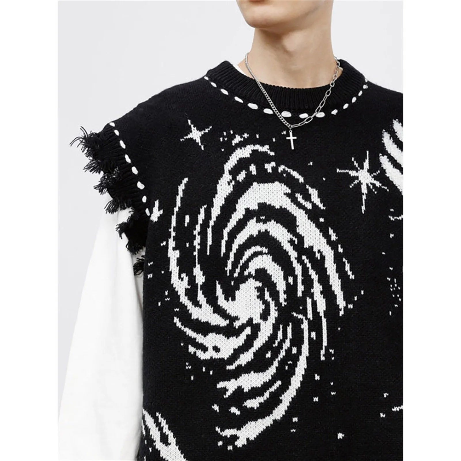 Harajuku Vest Sweater for men Ropa  Streetwear BF Tassel Jumper Fashion Casual Knitting Tanks Print Korean Waistcoat vest voguable