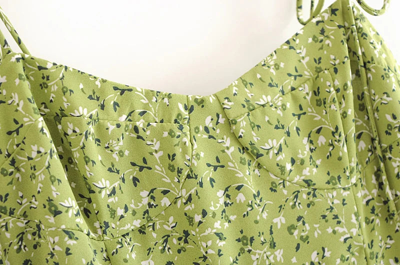 Voguable  Women Green Floral Print Sling Dress Sundress Female V Neck Sleeveless Hem Slits A-line Chiffon Dress voguable
