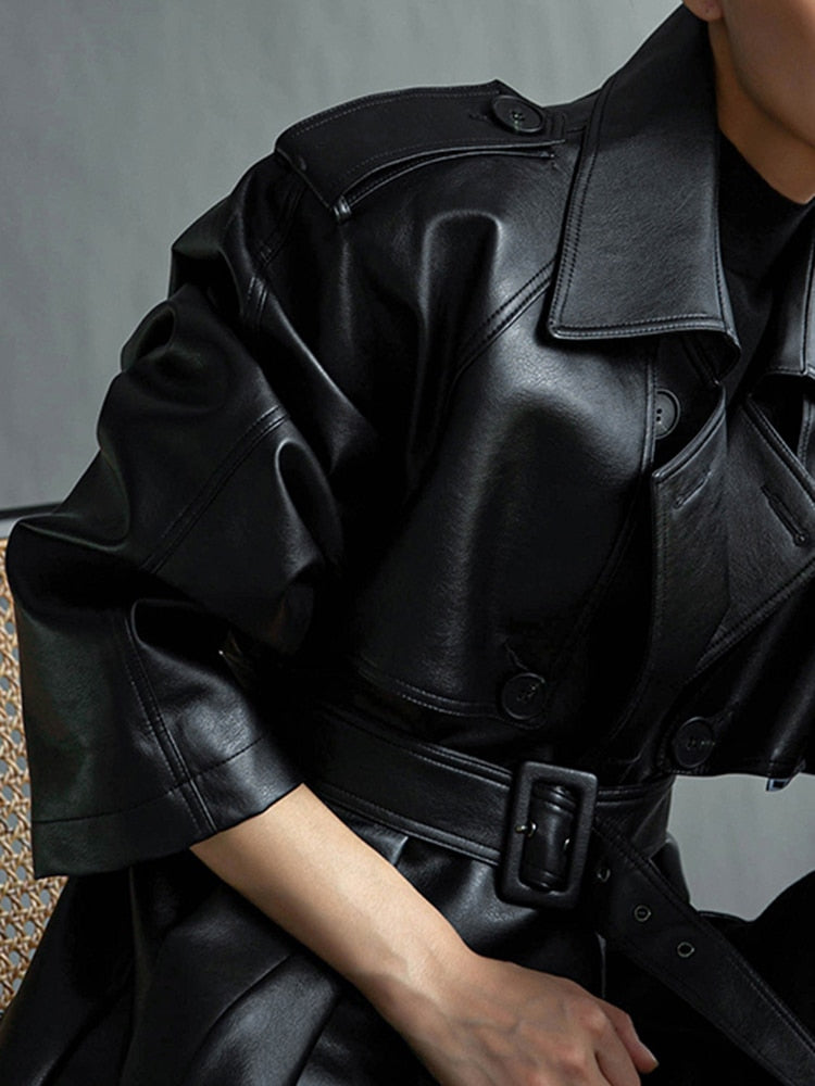 Lautaro Autumn Extra Long Oversized Black Faux Leather Trench Coat for Women Long Sleeve Belt Double Breasted Loose Fashion voguable
