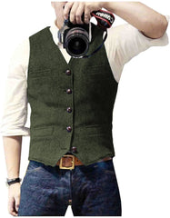 Men's Casual Classic Suit Vest V Neck Herringbone Tweed Slim Fit Business Waistcoat For Wedding voguable