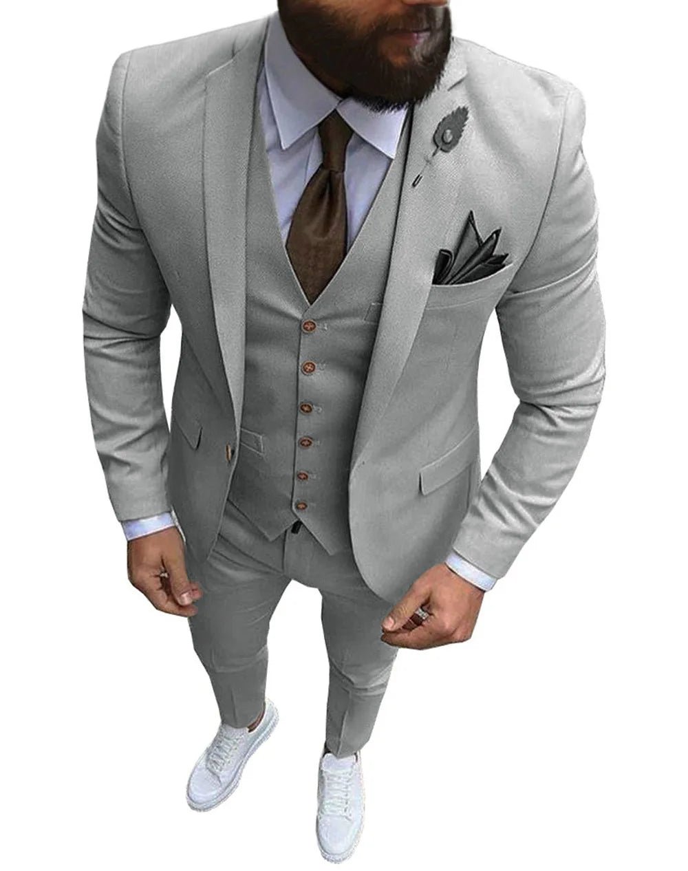 Voguable Men Suits 3 Pieces Slim Fit Casual Business Champagne Lapel Khaki Formal Tuxedos for Wedding Groomsmen (Blazer+Pants+Vest) voguable