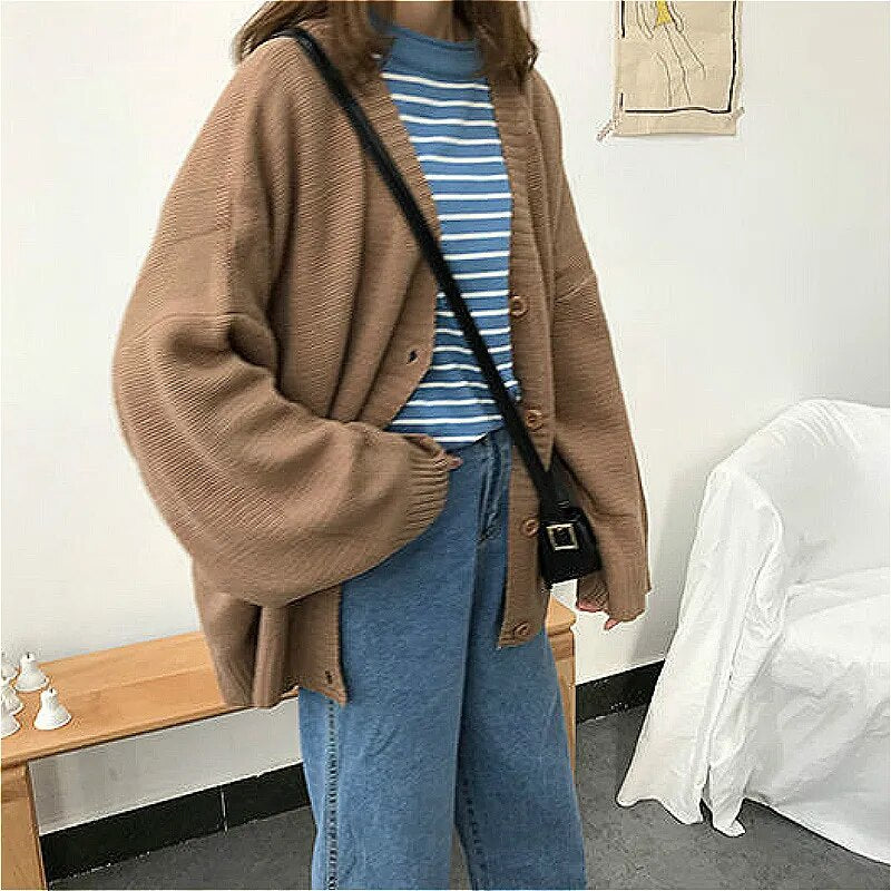 Sweaters Women Knitting Cardigans Casual Spring V-Neck Long Sleeve Daily Solid Mujer Clothes Single Breasted Brown College voguable