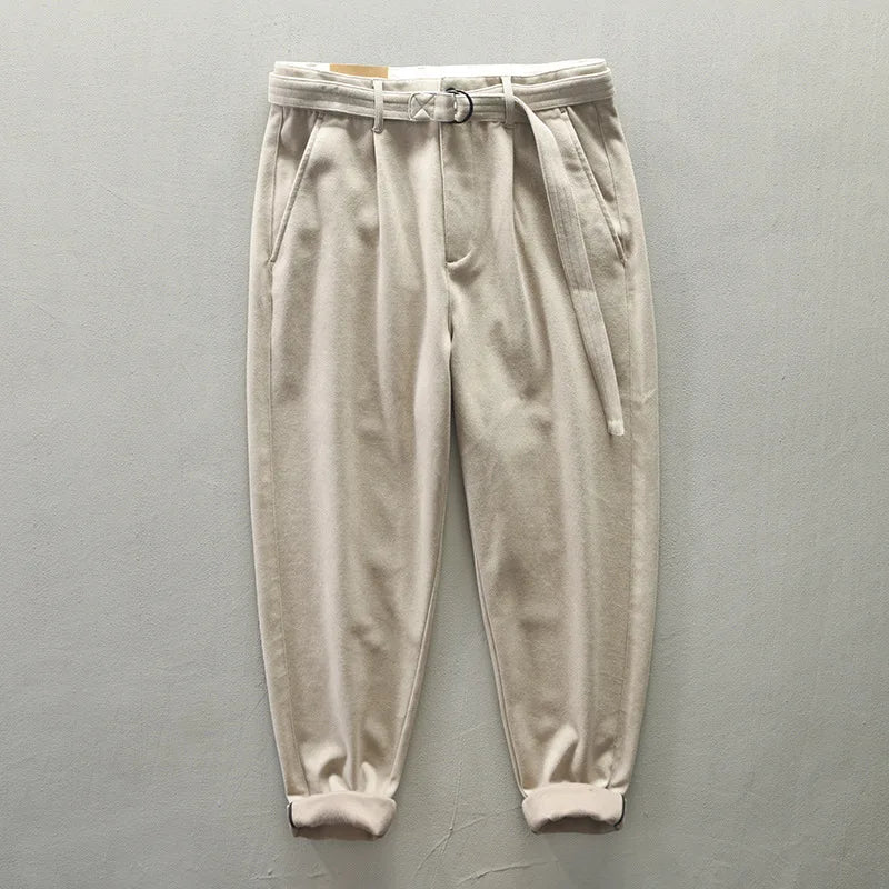 Cotton Thicken Winter Men Casual Pants Brown Japan Korea Style  Loose Belt Trousers Baggy Pants Men Winter Autumn voguable