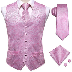 Hi-Tie Pink Green Paisley Silk Dress Vest Set For Men Dark Blue Jacquard Mens Suit Vest Male Waistcoat For Wedding Formal Jacket voguable