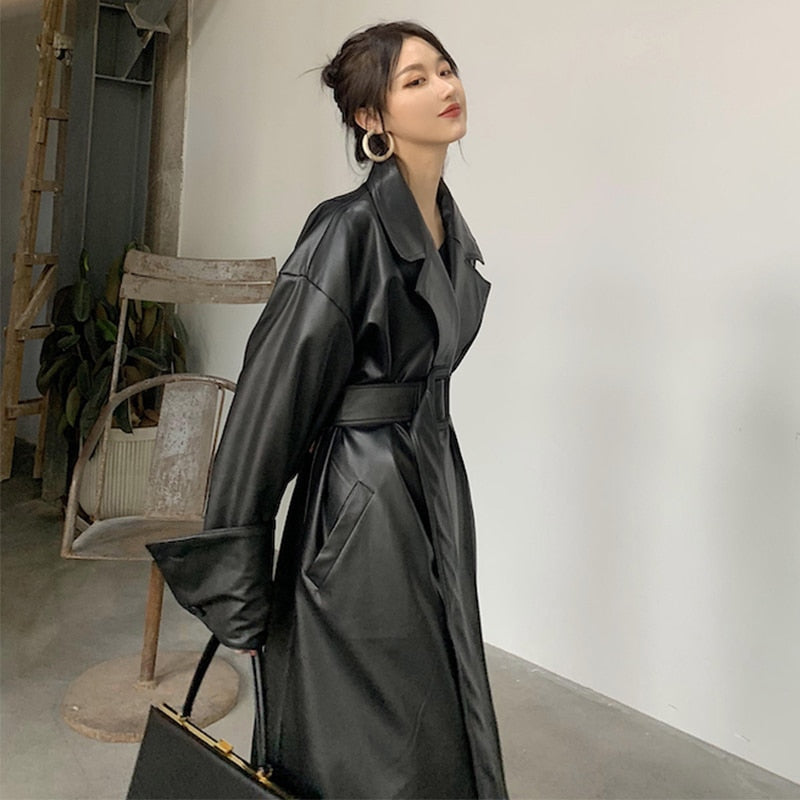 Long oversized leather trench coat for women long sleeve lapel loose fit Fall Stylish black women clothing streetwear voguable