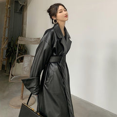 Long oversized leather trench coat for women long sleeve lapel loose fit Fall Stylish black women clothing streetwear voguable