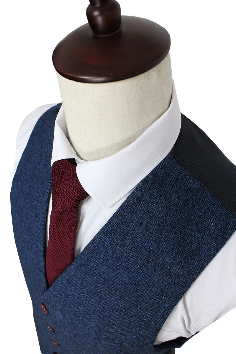 Wool Blue Herringbone Tweed  Custom Made Men's Suits Tailor Suit Blazer Suits for Men 3 Piece (Jacket+Pants+Vest) Costume Homme voguable