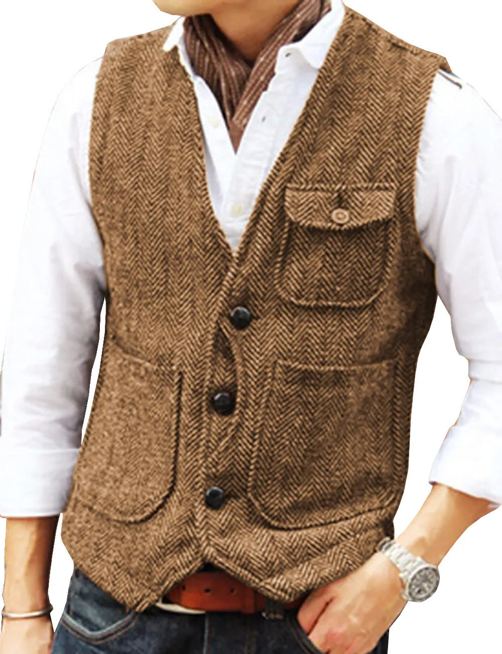 Men's Vest Brown Herringbone Wool Tweed V Neck Single Breasted Retro Tooling Vest Male Gentleman Business Waistcoat For Wedding voguable