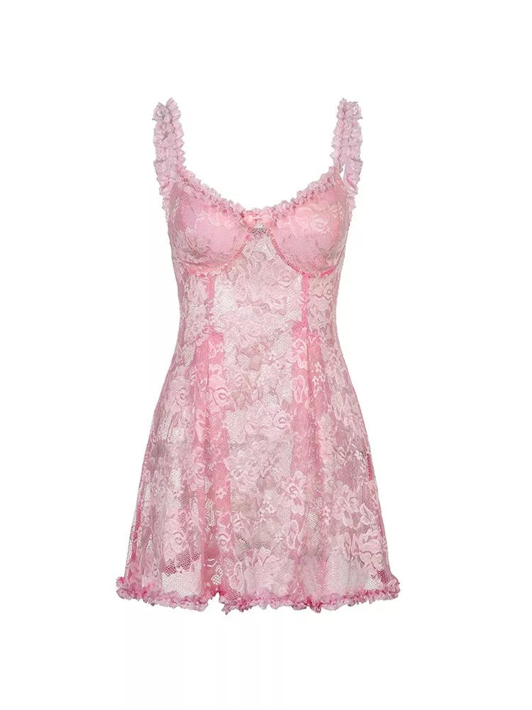 Sweet Cute Lace Cami Dress See Through Sexy Slim Sleeveless Ruffles Bow A-Line Mini Dresses For Women Summer Spring Lady voguable