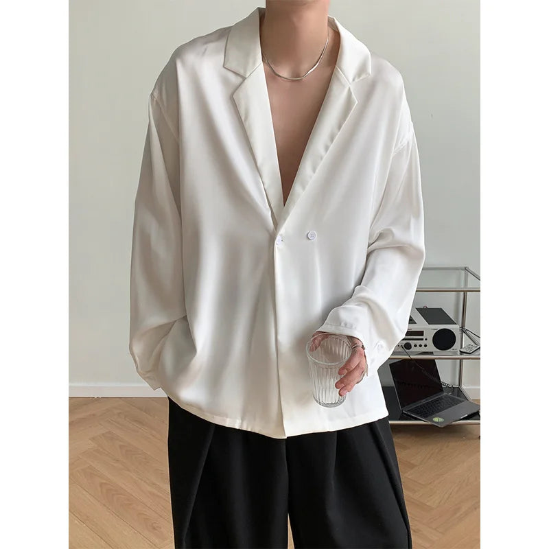 Voguable Summer Black White Silk Blazer Men's Fashion Business Society Men Suit Jacket Korean Loose Casual Dress Jacket Men M-XL voguable