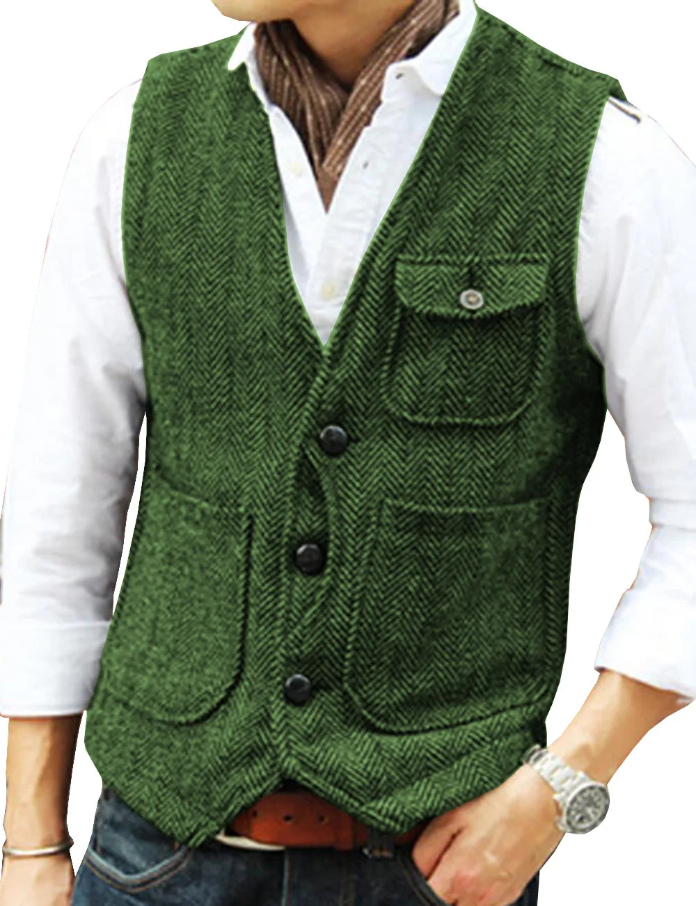 Men's Vest Brown Herringbone Wool Tweed V Neck Single Breasted Retro Tooling Vest Male Gentleman Business Waistcoat For Wedding voguable