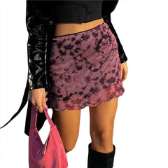 Women Mini Skirt Summer Sheer Tie-dye Print High Waist Mesh Bodycon Skirt with Lining y2k Clothes E Girl Streetwear voguable