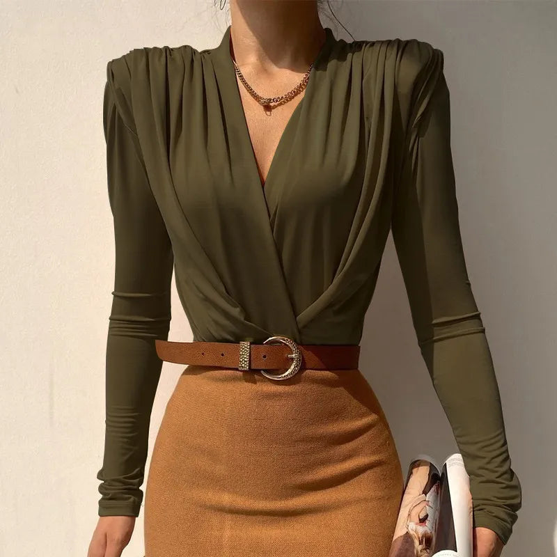 V Neck Brown Bodysuit Women Autumn Long Sleeve Top Bodies Sexy Female Overalls Casual Bodycon Bodysuits voguable