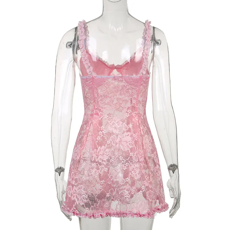 Sweet Cute Lace Cami Dress See Through Sexy Slim Sleeveless Ruffles Bow A-Line Mini Dresses For Women Summer Spring Lady voguable