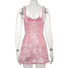 Sweet Cute Lace Cami Dress See Through Sexy Slim Sleeveless Ruffles Bow A-Line Mini Dresses For Women Summer Spring Lady voguable