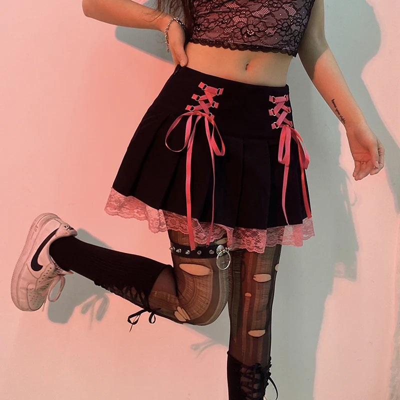Harajuku Gothic Dark Academia Lace Trim Pleated Skirt Vintage Y2K Tie Up High Waist Skirt Mini Woman Goth Skirts 90s