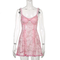 Sweet Cute Lace Cami Dress See Through Sexy Slim Sleeveless Ruffles Bow A-Line Mini Dresses For Women Summer Spring Lady voguable