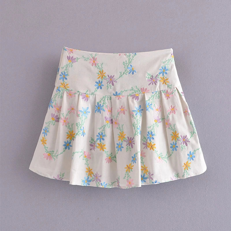 Voguable  Floral Embroidery Pleated Mini Skirt New Women Side Zipper Button High Waist Jupe Summer Fashion Faldas voguable