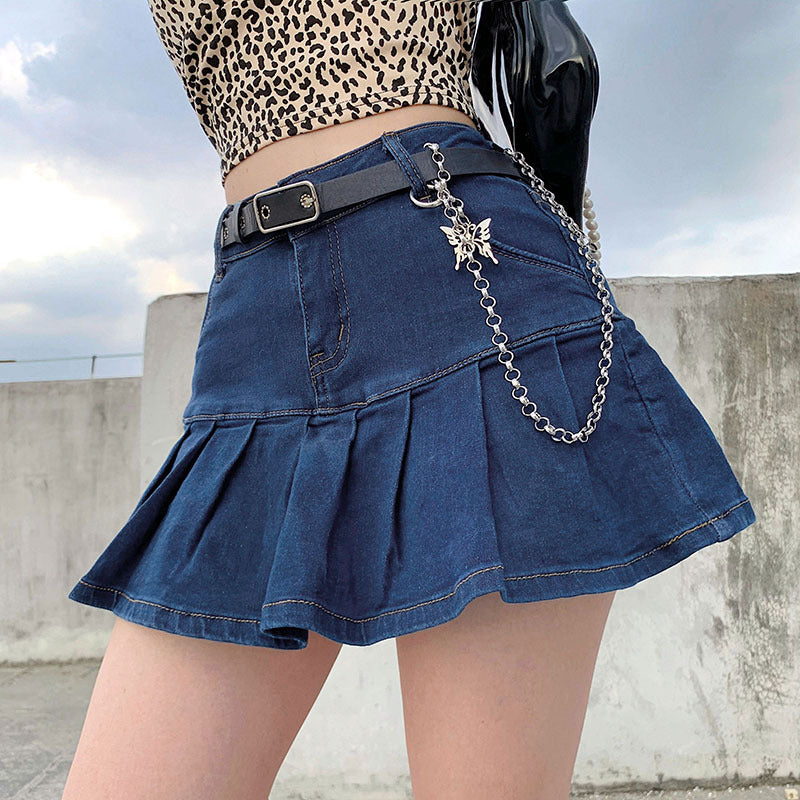 y2k Pink Denim Pleated Skirts Mini Solid Casual Woman Fashion Korean Style High Waist Skirt with Lined Hot Club Party Girls 2020 voguable