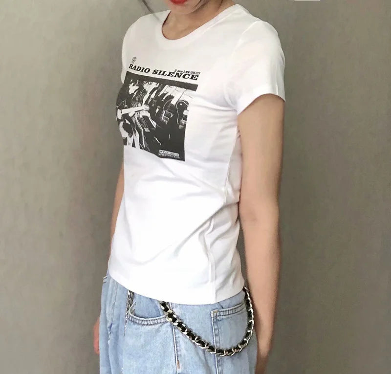 Women "Radio Silence" Print Front Short Sleeve T-shirt Crop Top voguable
