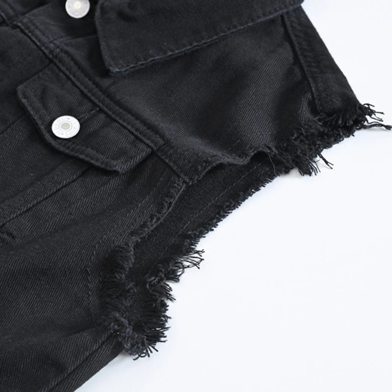 Voguable  Men's Black Jean Vest Slim Fringe Denim Waistcoat Sleeveless Tank Top voguable